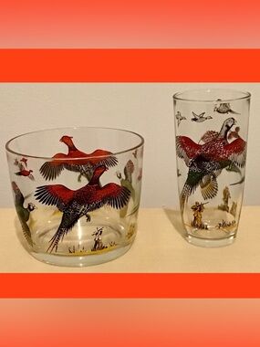 Vintage 50s Hazel Atlas Pheasant Ice Bucket & Shaker